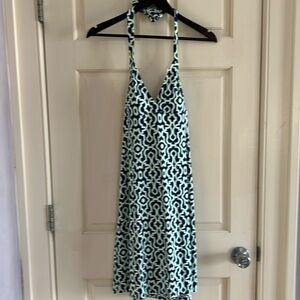 TOMMY BAHAMA HALTER NAVY BLUE WHITE PRINT STRETCHY SWIM DRESS M